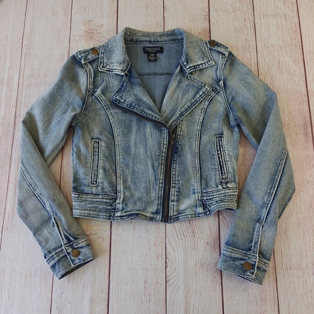Streetwear Society acid washed moto denim jacket sz S